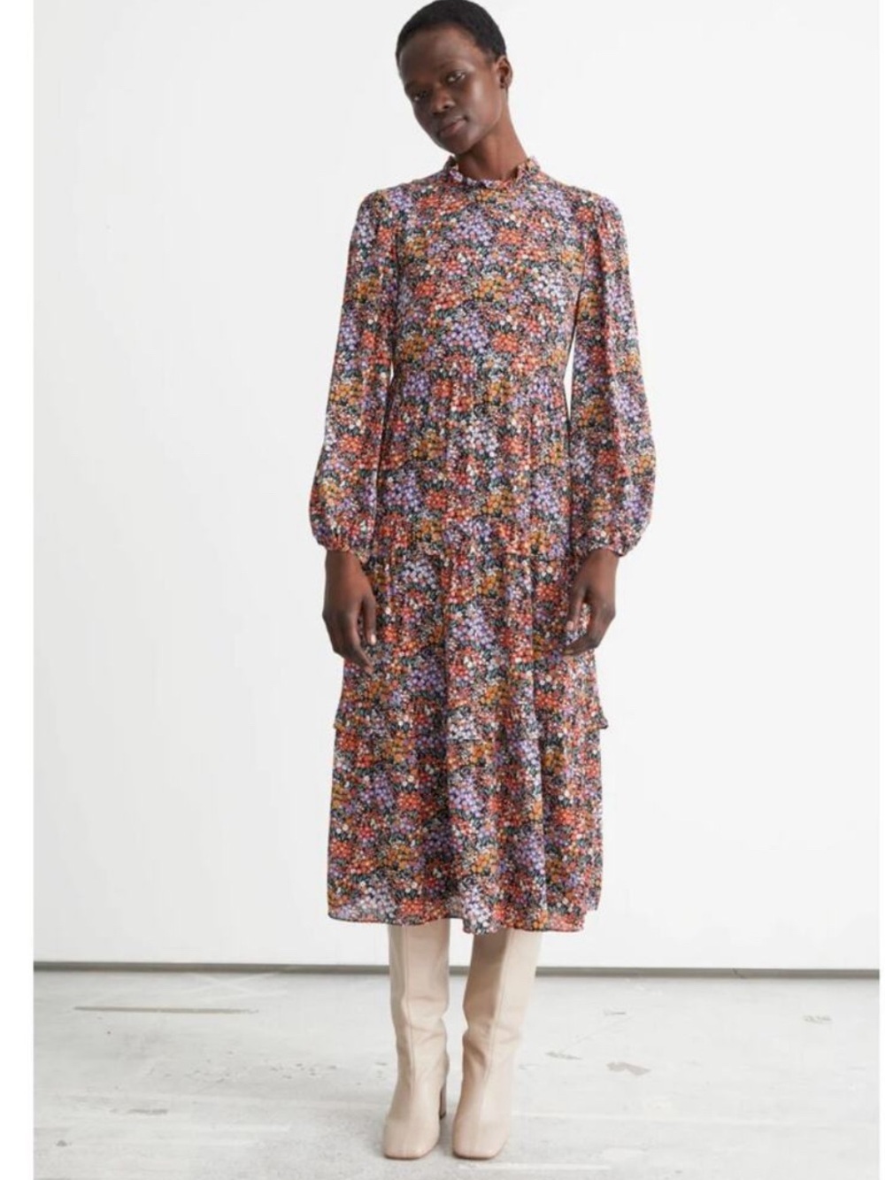 Paris Atelier Floral Long Sleeve Tiered Midi Dress Size 4 Cottage Prairie Modest